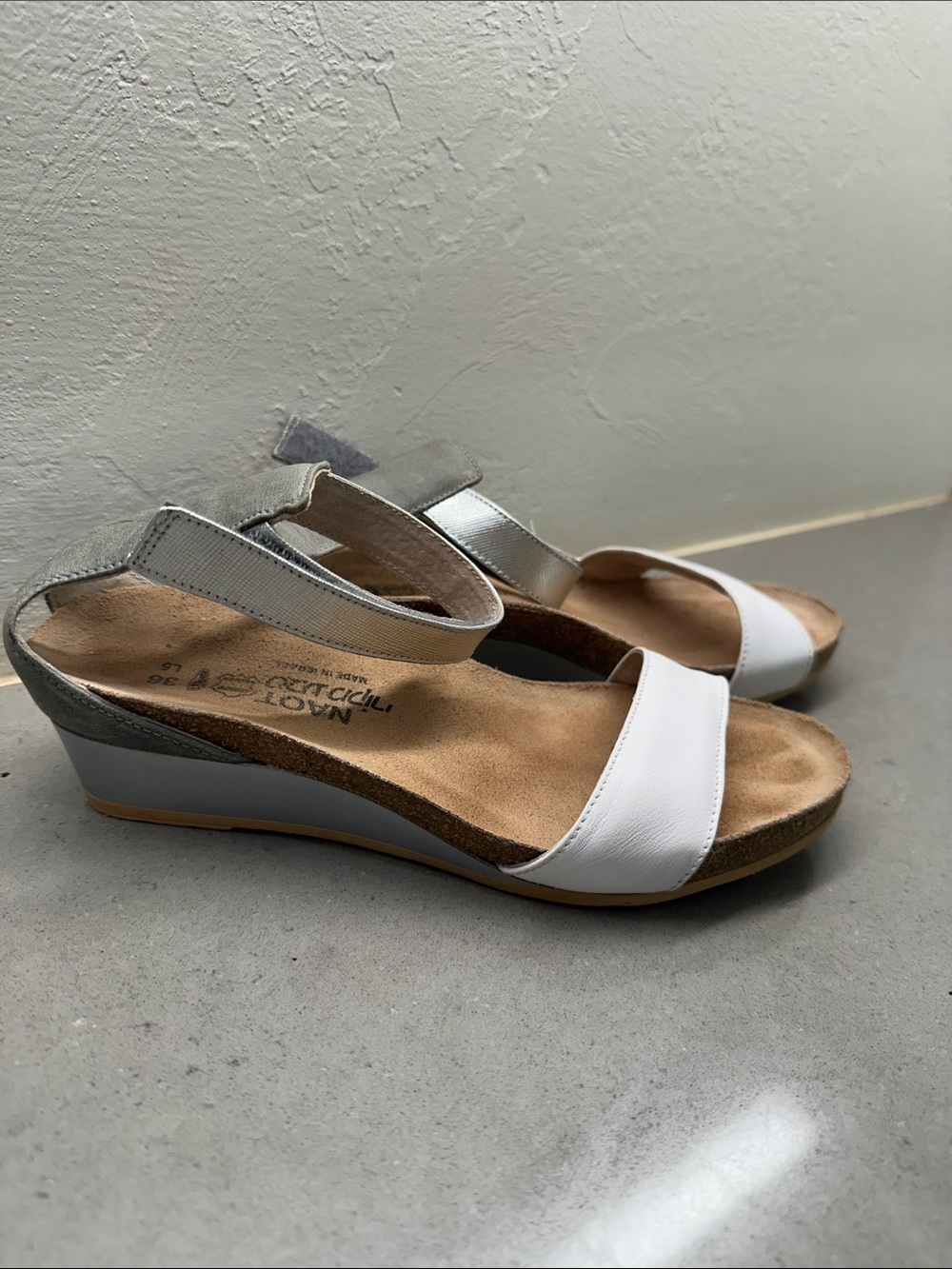 Naot White and Silver Ankle-Strap Cork Sandals